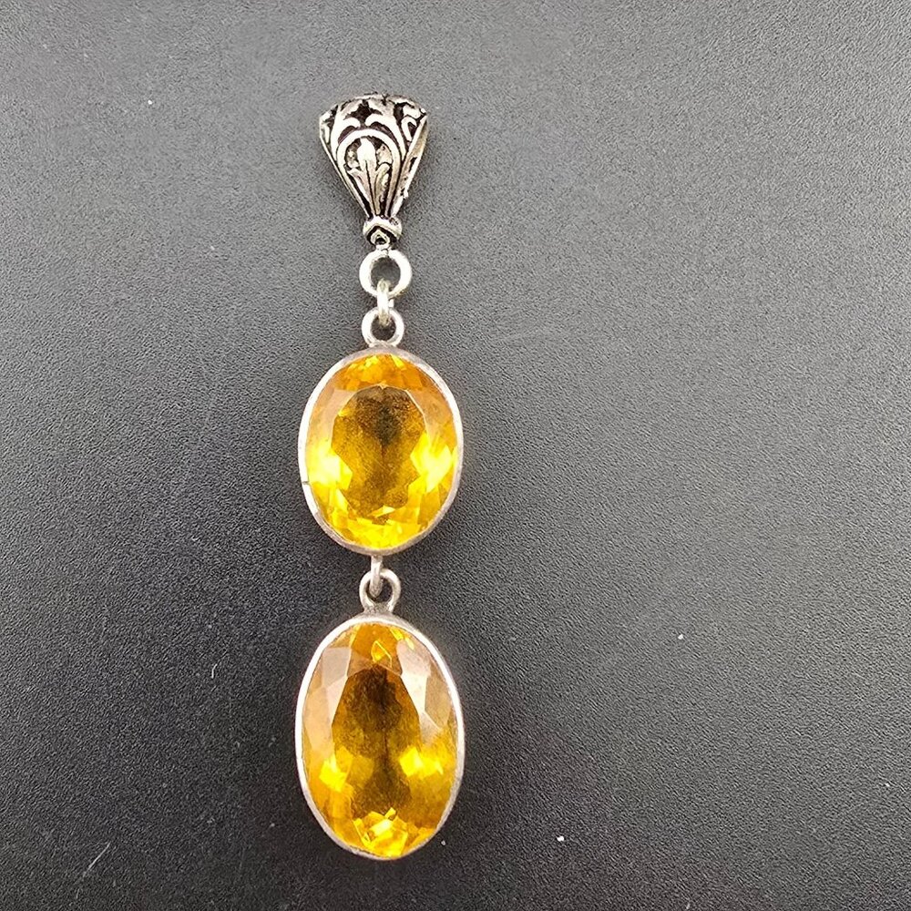 Vintage Citrine 925 Sterling Silver Double Oval Dangle Pendant